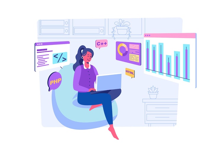 Vector software development concept with people scene for web woman coding working with programming languages analysis data at screens testing and fixing vector illustration in flat perspective design