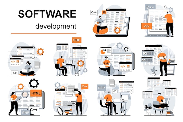 Concetto di sviluppo software con scene di persone ambientate in un design piatto illustrazione vettoriale visiva