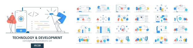 software development data technology in business flat vector illustrations set of people working web designers engineers and coders teamwork and job concepts computer digital icon