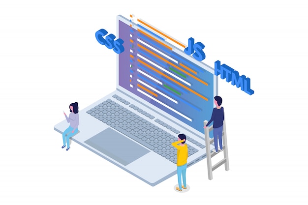 Vettore sviluppo software isometrico, programmatore al lavoro. elaborazione di grandi quantità di dati. illustrazione vettoriale