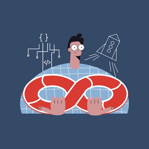 software development and it operations methodology concept flat vector 
illustration with character. devops engineer. flat vector cartoon illustration 
with character isolated on background