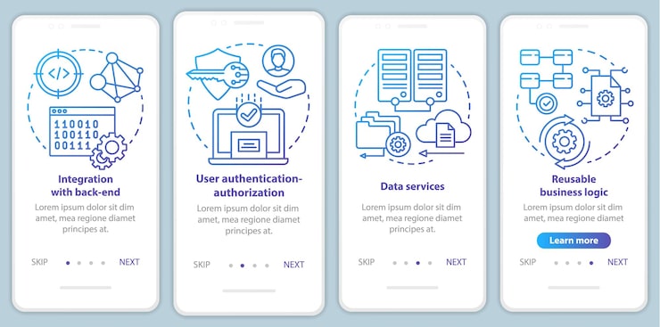 Vector software development onboarding mobile app page screen vector template. application programming. walkthrough website steps with linear illustrations. ux, ui, gui smartphone interface concept