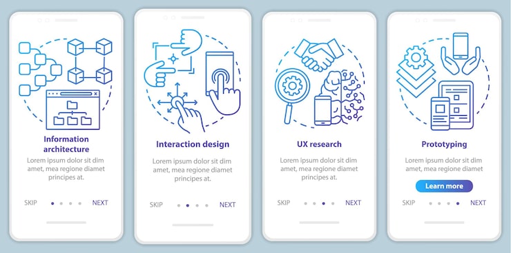 Vector software development onboarding mobile app page screen vector template. application programming. walkthrough website steps with linear illustrations. ux, ui, gui smartphone interface concept