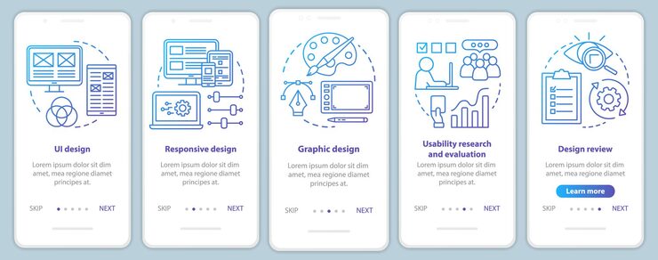 Vector software development onboarding mobile app page screen vector template. application programming. walkthrough website steps with linear illustrations. ux, ui, gui smartphone interface concept