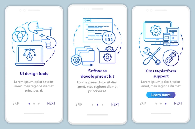 Software development onboarding mobile app page screen vector template. application programming. walkthrough website steps with linear illustrations. ux, ui, gui smartphone interface concept