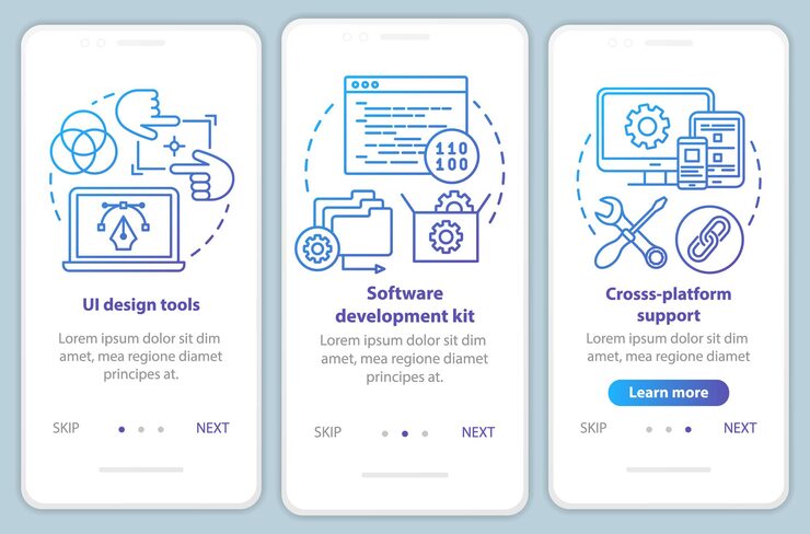 Vector software development onboarding mobile app page screen vector template. application programming. walkthrough website steps with linear illustrations. ux, ui, gui smartphone interface concept