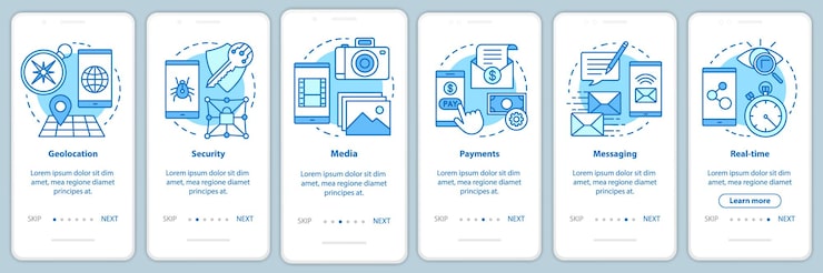 Vector software development onboarding mobile app page screen vector template. application programming. walkthrough website steps with linear illustrations. ux, ui, gui smartphone interface concept