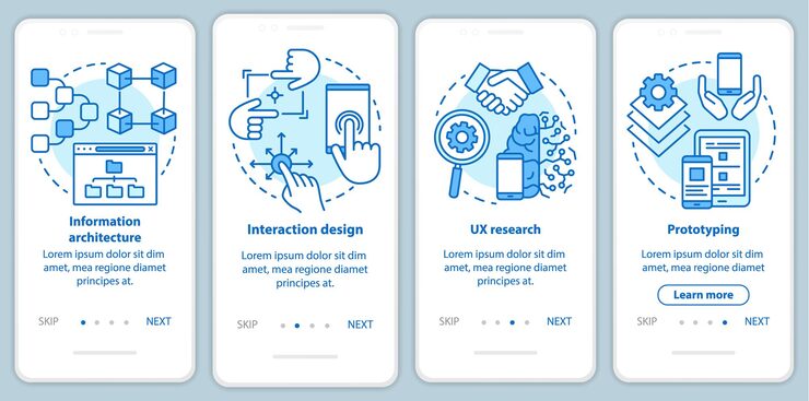Vector 소프트웨어 개발 온보딩 모바일 앱 페이지 화면 벡터 템플릿. 응용 프로그래밍. 선형 삽화가 포함된 연습 웹 사이트 단계. ux, ui, gui 스마트폰 인터페이스 개념