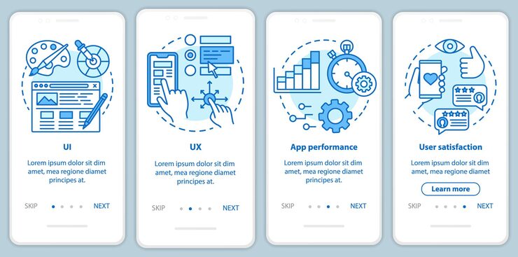 Vector 軟體開發 整合行動應用程式頁面螢幕向量模板 應用程式編程 用線性插圖進行網站步驟 ux, ui, gui 智能手機界面概念