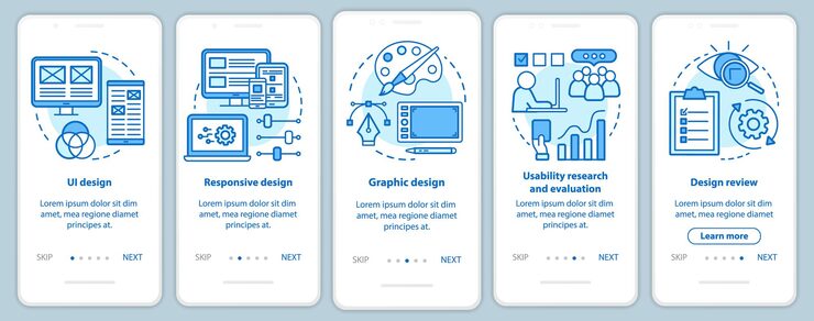 Vector software development onboarding mobile app page screen vector template. application programming. walkthrough website steps with linear illustrations. ux, ui, gui smartphone interface concept