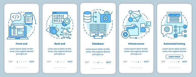 Software development onboarding mobile app page screen vector template. Application programming. Walkthrough website steps with linear illustrations. UX, UI, GUI smartphone interface concept