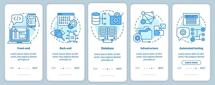 Vector 軟體開發 整合行動應用程式頁面螢幕向量模板 應用程式編程 用線性插圖進行網站步驟 ux, ui, gui 智能手機界面概念