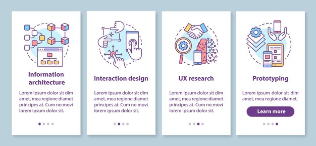 หน้าจอแอปมือถือเริ่มต้นใช้งานการพัฒนาซอฟต์แวร์พร้อมแนวคิดเชิงเส้น UX การออกแบบ ต้นแบบ ขั้นตอนการสอนแบบกราฟิก 4 ขั้นตอน UX, UI, เทมเพลตเวกเตอร์ GUI พร้อมภาพประกอบ