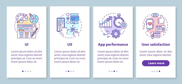 Software development onboarding mobile app page screen with linear concepts. UX designing, prototyping walkthrough steps graphic instructions. UX, UI, GUI vector template with illustrations