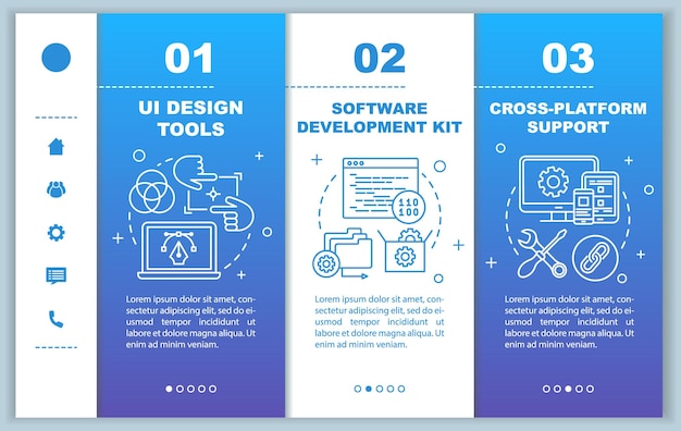 Modello vettoriale di pagine web mobili per l'onboarding di sviluppo software. idea reattiva dell'interfaccia del sito web per smartphone con illustrazioni lineari. schermate dei passaggi della procedura dettagliata della pagina web. concetto di colore