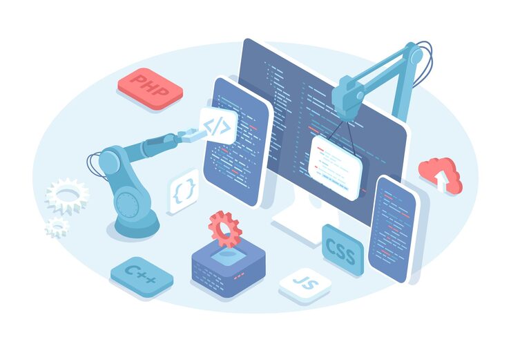 Vector software development and programming apps for different devices engineering coding data processi
