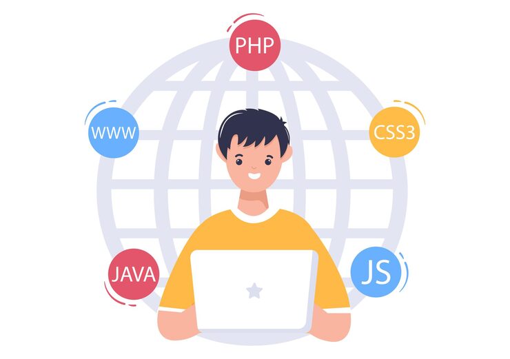 Vector 技術,工程師團隊,編碼,營銷材料,商業和演示的電腦向量插圖的軟件開發和編程代碼