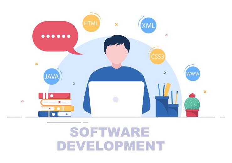 Vector software development and programming code on computer vector illustration for technology, engineer team, coding, marketing material, business and presentation