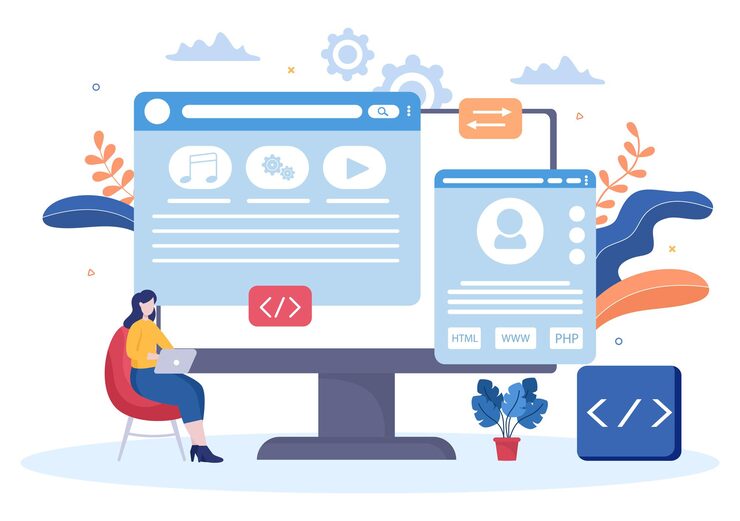 Vector 기술, 엔지니어 팀, 코딩, 마케팅 자료, 비즈니스 및 프레젠테이션을 위한 컴퓨터 벡터 일러스트레이션의 소프트웨어 개발 및 프로그래밍 코드