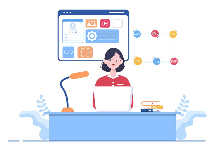 Vector 技術,工程師團隊,編碼,營銷材料,商業和演示的電腦向量插圖的軟件開發和編程代碼