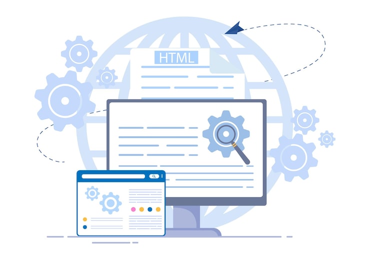 Vector software development and programming code on computer vector illustration for technology, engineer team, coding, marketing material, business and presentation