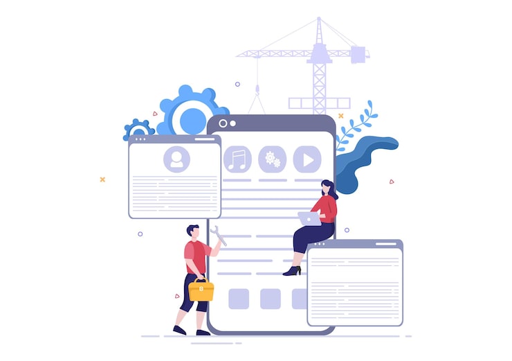 Vector 技術,工程師團隊,編碼,營銷材料,商業和演示的電腦向量插圖的軟件開發和編程代碼