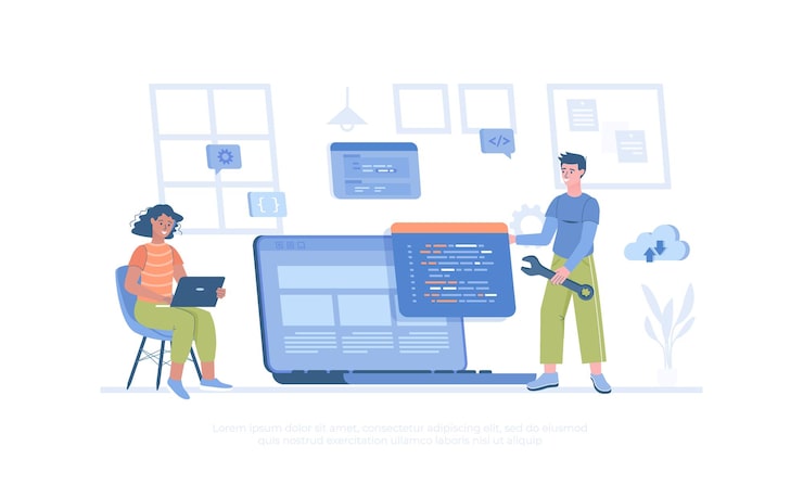 Vector 소프트웨어 개발 프로그래밍 코딩 사람들은 코드 설정과 테스트를 작성하고 프로그래밍 프로그램을 개발합니다.