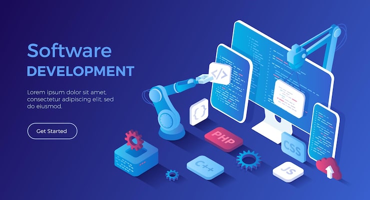 Vector software development programming engineering coding testing and bug fixing creating new applicat