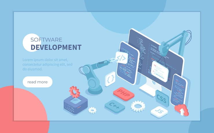Vector software development programming engineering coding testing and bug fixing creating new applicat