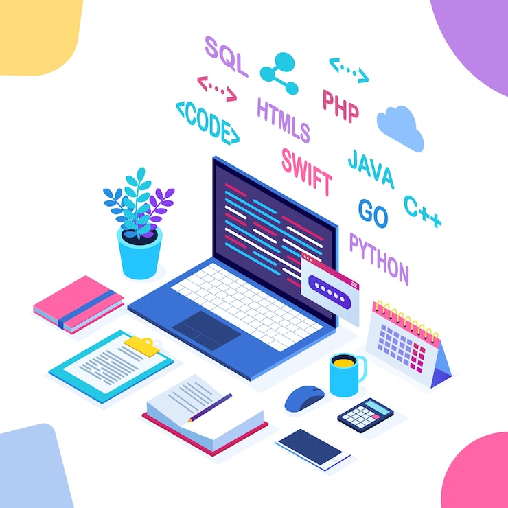 Vector software development, programming language, coding. digital technology.  isometric laptop, computer with web application  on white background.  