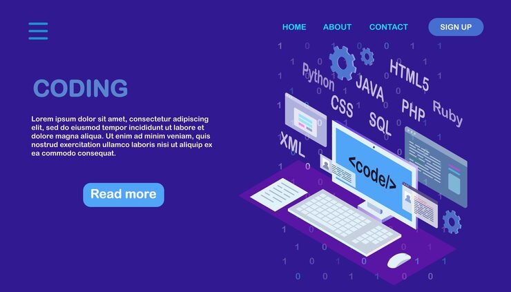 Vector software development, programming language, coding. digital technology. isometric laptop, computer