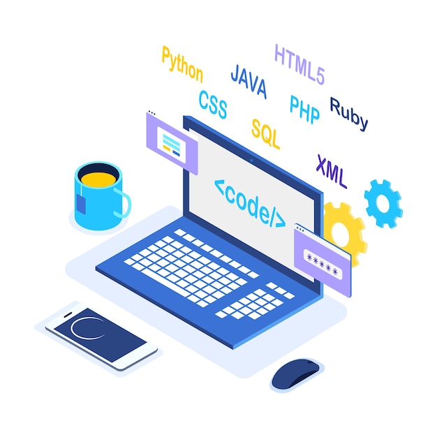 Vector software development, programming language, coding. digital technology. isometric laptop, computer