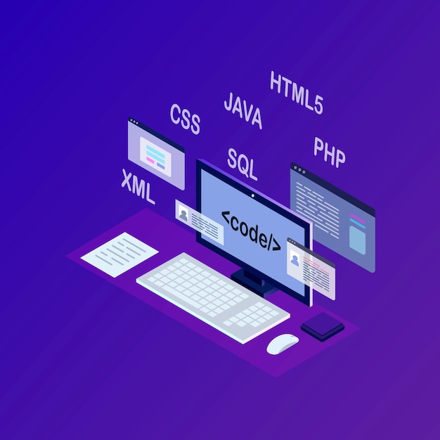 Software development, programming language, coding. digital technology. isometric laptop, computer