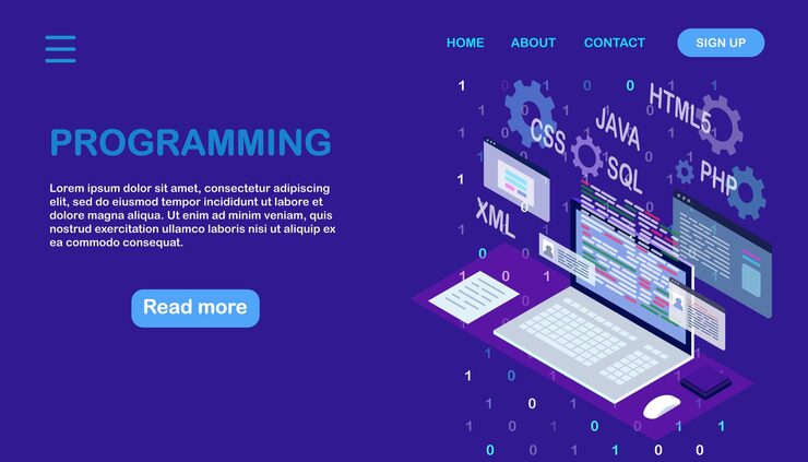 Vector software development, programming language, coding. digital technology. isometric laptop, computer