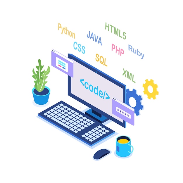 ベクトル ソフトウェア開発、プログラミング言語、コーディング。デジタル技術。等尺性のラップトップ、コンピューター