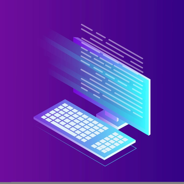 Vector software development, programming language, coding. isometric computer with digital application