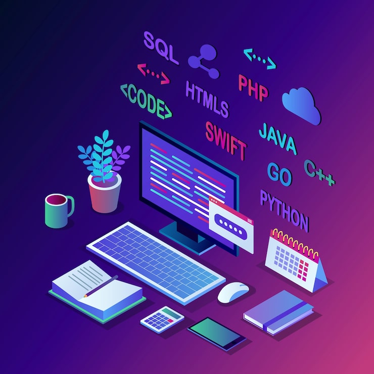 Vector software development, programming language, coding.  isometric pc, computer with digital application  on white background.  