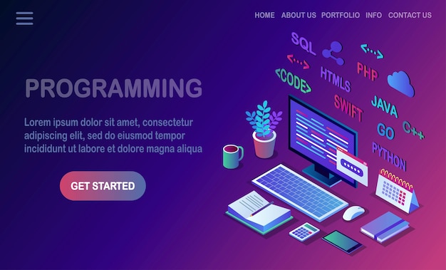 Vettore sviluppo software, linguaggio di programmazione, codifica. pc isometrico, computer con applicazione digitale su sfondo bianco.