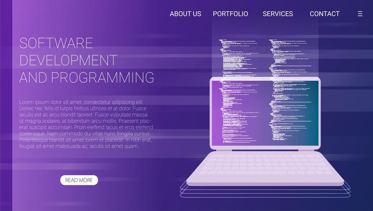 Vector software development and programming program code on laptop screen big data processing computing