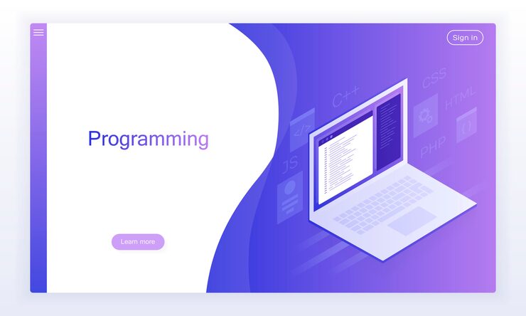 Вектор разработка и программирование программного обеспечения, программный код на экране ноутбука, обработка больших данных.
