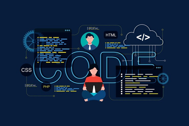 Vector software development and programming program code on laptop screen