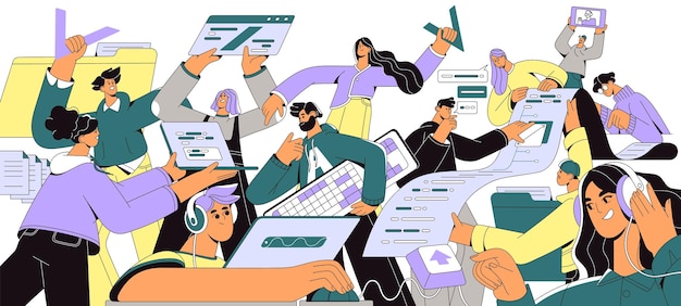 Software development teamwork Programmers work together Engineer team programming coding with laptops People write code script for web Flat isolated vector illustration on white background