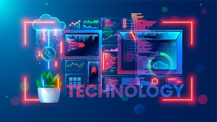 Vector software development technology concept programming coding testing application for mobile devices laptop phone tablet on table top view abstract design elements of interface on screen computer