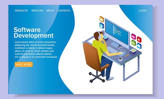 ソフトウェア開発のベクトルのウェブサイトのランディング ページのデザイン テンプレート