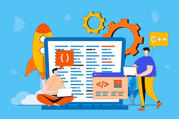 Vector 평면 2d 디자인의 소프트웨어 개발 웹 개념 남자는 다른 프로그래밍에서 만들고 프로그래밍합니다.