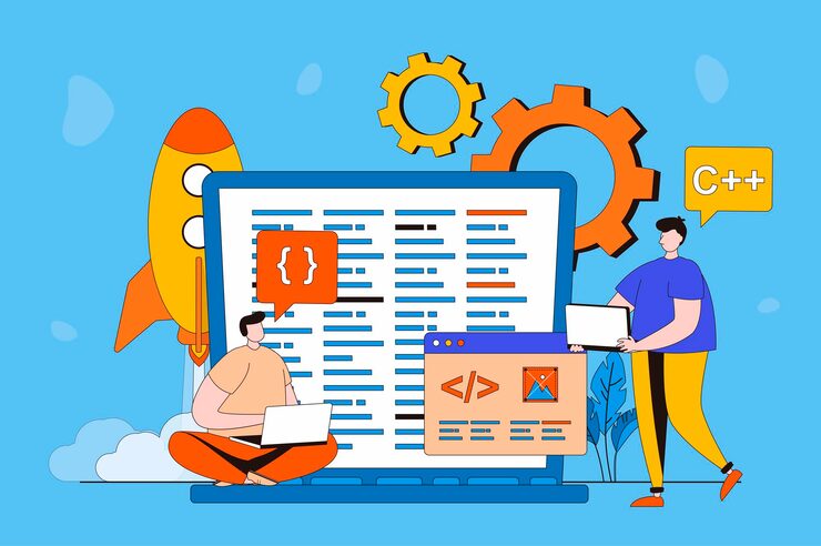 Vector software development web concept in flat 2d design men create and program in different programming