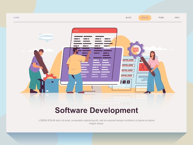 Software development web concept for landing page in flat design Man and woman brainstorming and creating program code tech support team Vector illustration with people scene for website homepage