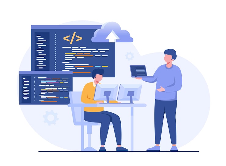 Vector 软件开发 网络编程语言 css html it ui程序员卡通角色开发网站编码平面插图横幅