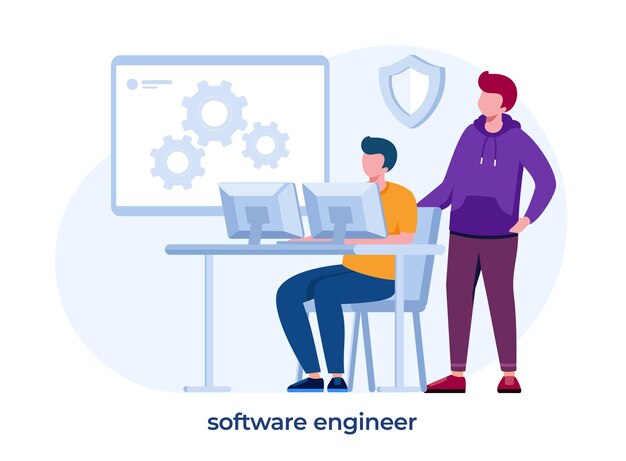 Concetto di ingegnere del software idea di sviluppo del sistema di programmazione e codifica tecnologia digitale società di sviluppo software che scrive codice illustrazione vettoriale isolata