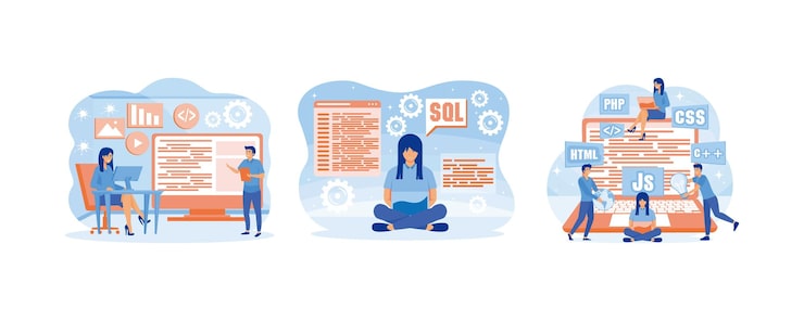 Vector software engineer concept web design and development programmer and coding website or app software programming concept for web page set flat vector modern illustration